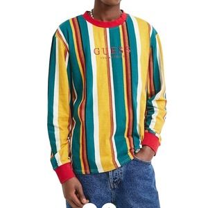 GUESS Originals Sayer Stripe Green Yellow Red Long Sleeve Tee Size S